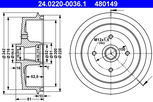 ATE 24.0220-0036.1 Brake Drum