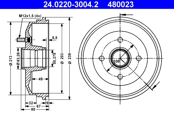 ATE 24.0220-3004.2 Brake Drum