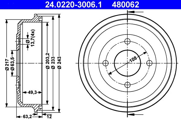 ATE 24.0220-3006.1 Brake Drum