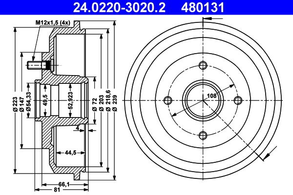 ATE 24.0220-3020.2 Brake Drum
