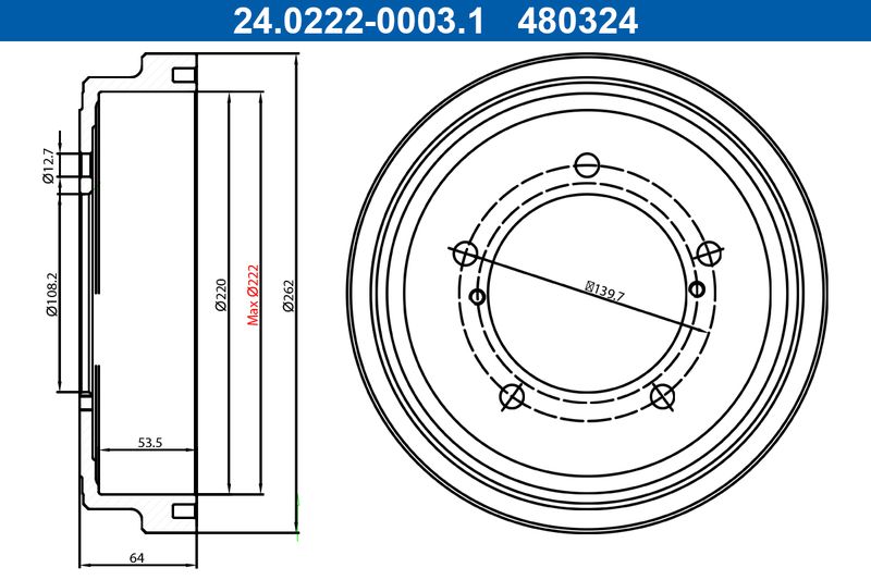 ATE 24.0222-0003.1 Brake Drum