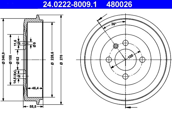 ATE 24.0222-8009.1 Brake Drum