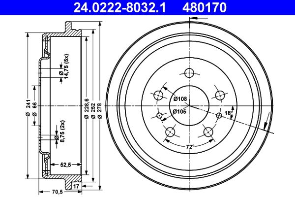 ATE 24.0222-8032.1 Brake Drum