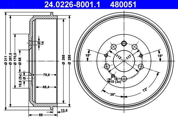 ATE 24.0226-8001.1 Brake Drum