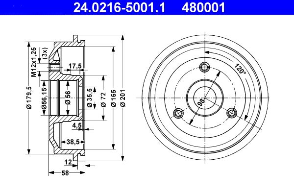 ATE 24.0216-5001.1 Brake Drum