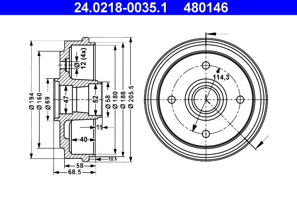 ATE 24.0218-0035.1 Brake Drum