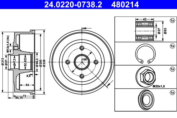 ATE 24.0220-0738.2 Brake Drum