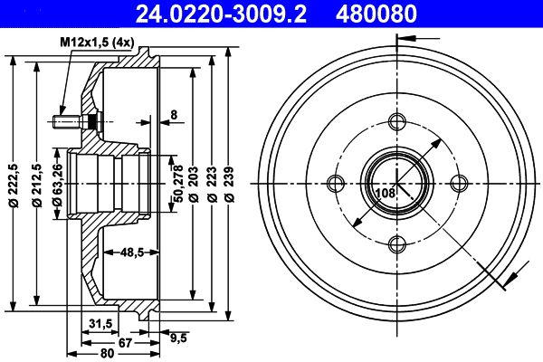 ATE 24.0220-3009.2 Brake Drum