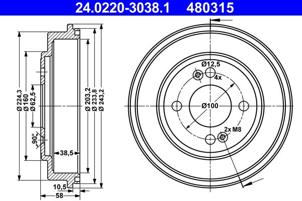 ATE 24.0220-3038.1 Brake Drum