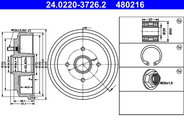 ATE 24.0220-3726.2 Brake Drum