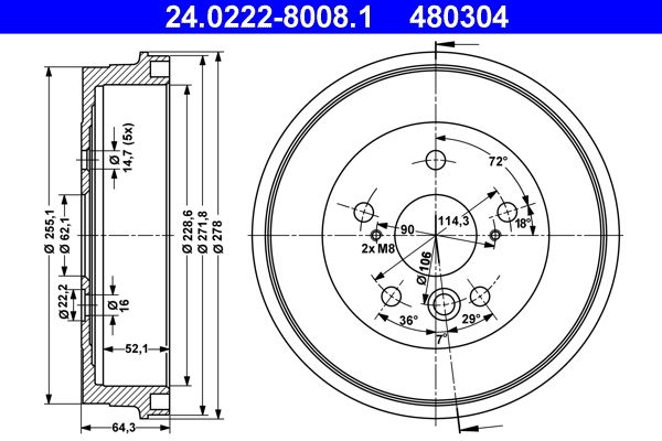 ATE 24.0222-8008.1 Brake Drum