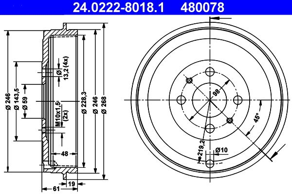 ATE 24.0222-8018.1 Brake Drum