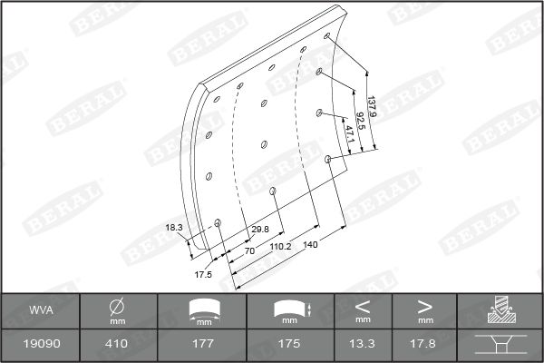 BERAL KBL19090.0-1627 Brake Lining Kit, drum brake