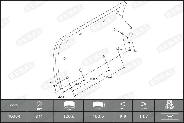 BERAL KBL19604.0-1621 Brake Lining Kit, drum brake