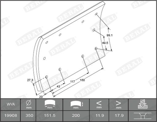 BERAL KBL19908.0-1550 Brake Lining Kit, drum brake