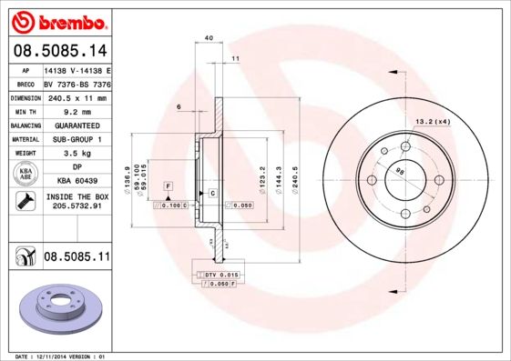 BREMBO 08.5085.11 Brake Disc