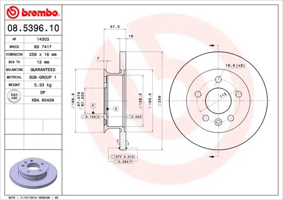 BREMBO 08.5396.10 Brake Disc