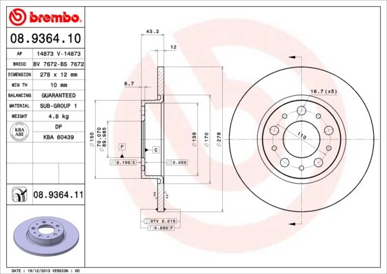 BREMBO 08.9364.11 Brake Disc