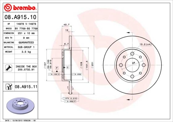 BREMBO 08.A915.10 Brake Disc