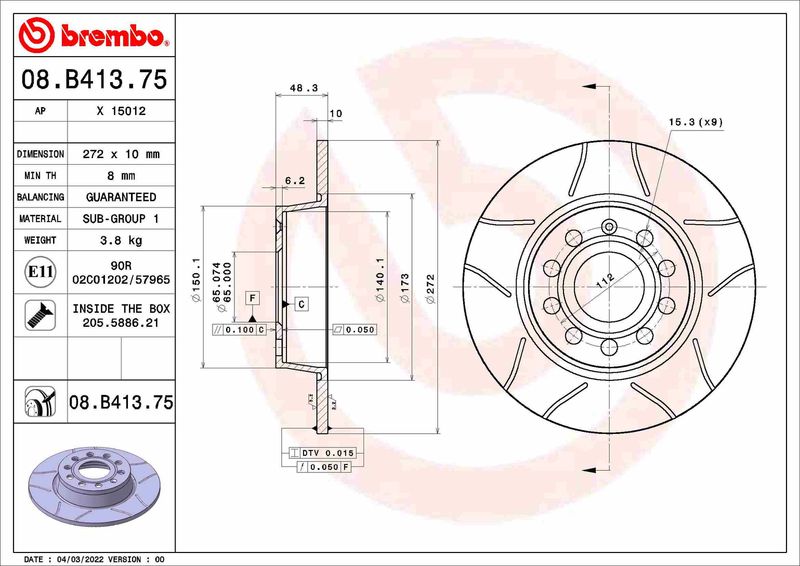 BREMBO 08.B413.75 Brake Disc