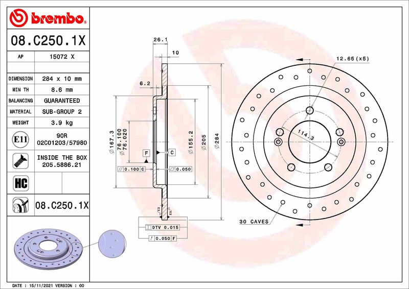 BREMBO 08.C250.1X Brake Disc