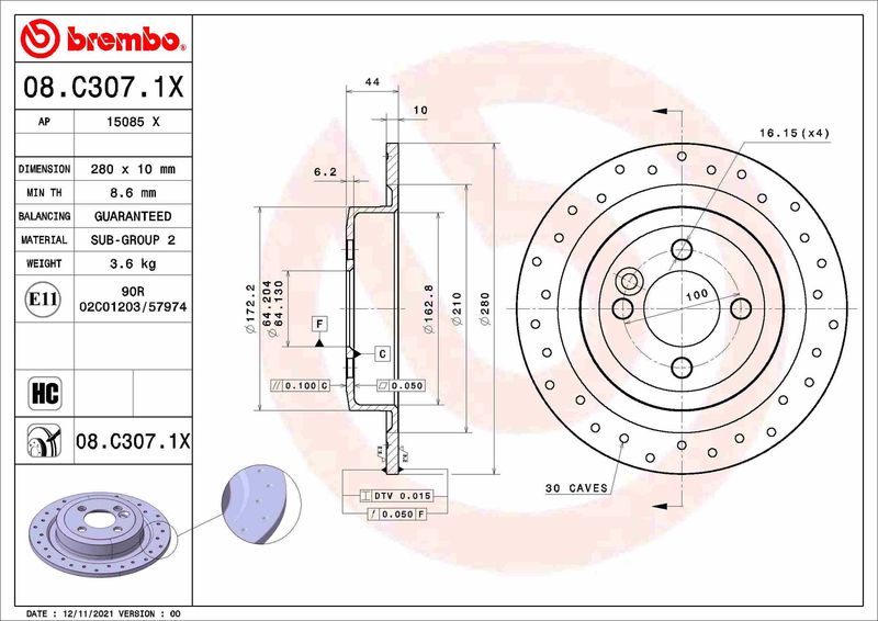 BREMBO 08.C307.1X Brake Disc