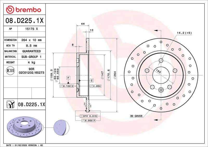 BREMBO 08.D225.1X Brake Disc