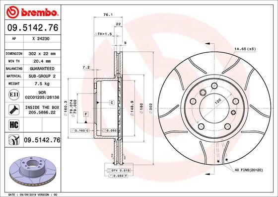 BREMBO 09.5142.76 Brake Disc