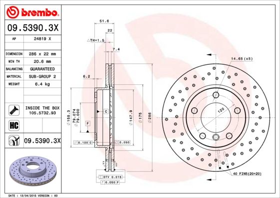BREMBO 09.5390.3X Brake Disc