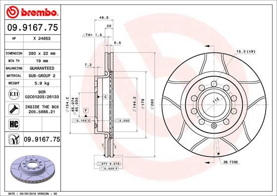 BREMBO 09.9167.75 Brake Disc