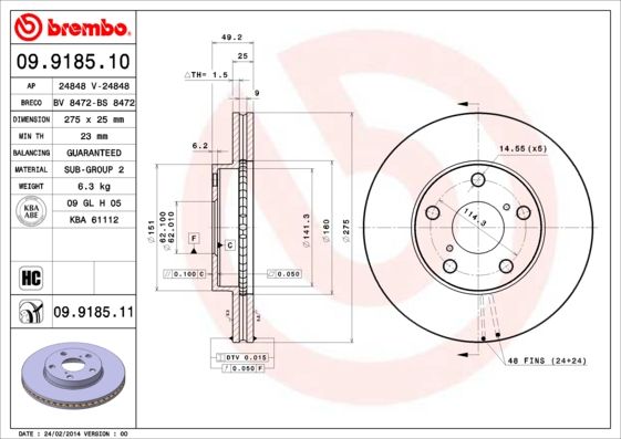 BREMBO 09.9185.11 Brake Disc