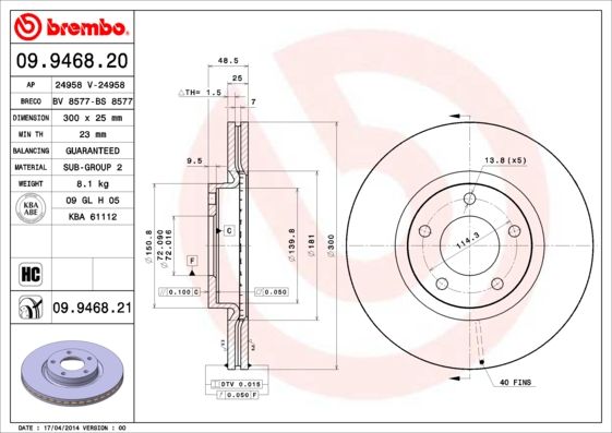 BREMBO 09.9468.21 Brake Disc