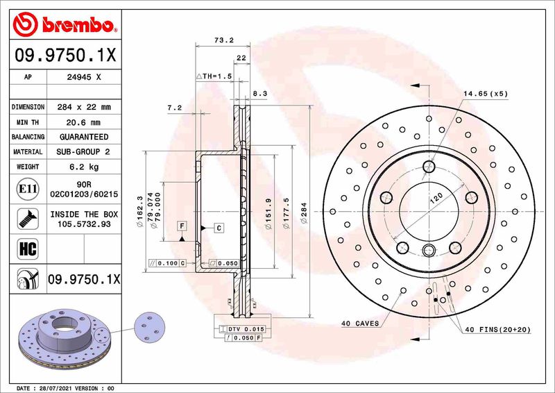 BREMBO 09.9750.1X Brake Disc
