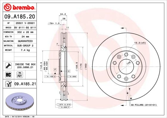 BREMBO 09.A185.20 Brake Disc