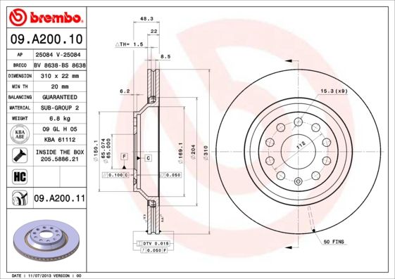 BREMBO 09.A200.10 Brake Disc