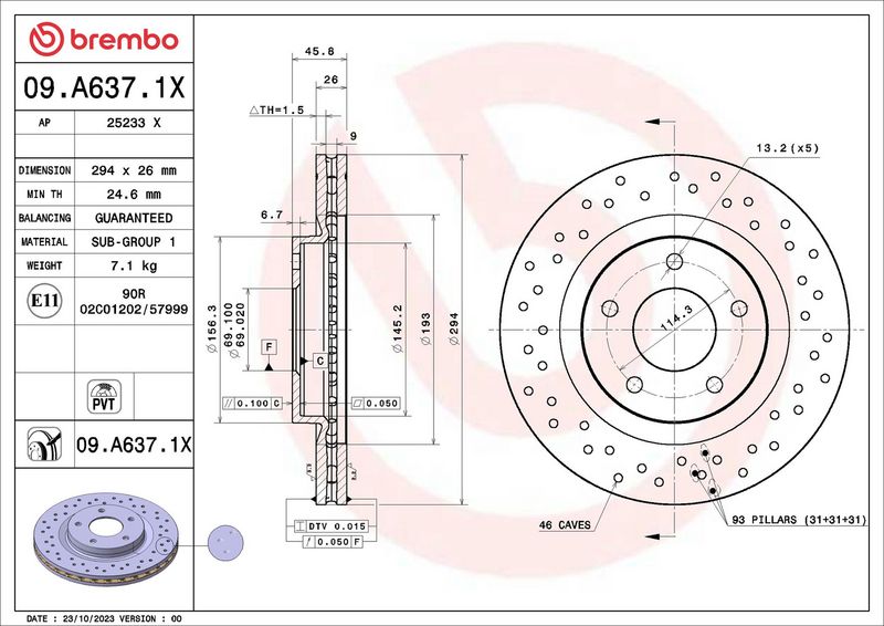 BREMBO 09.A637.1X Brake Disc