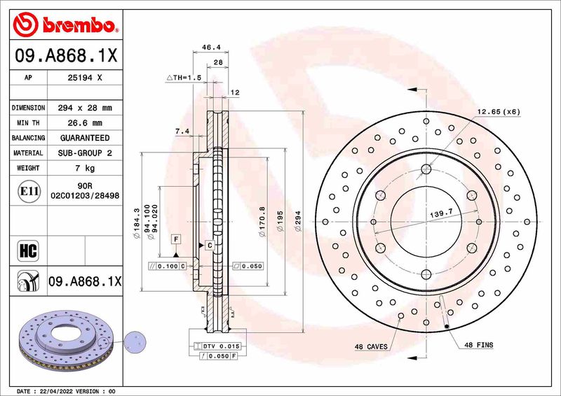 BREMBO 09.A868.1X Brake Disc