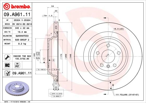 BREMBO 09.A961.11 Brake Disc
