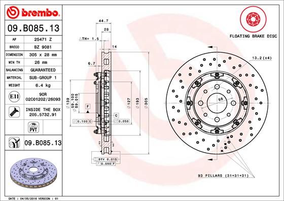 BREMBO 09.B085.13 Brake Disc