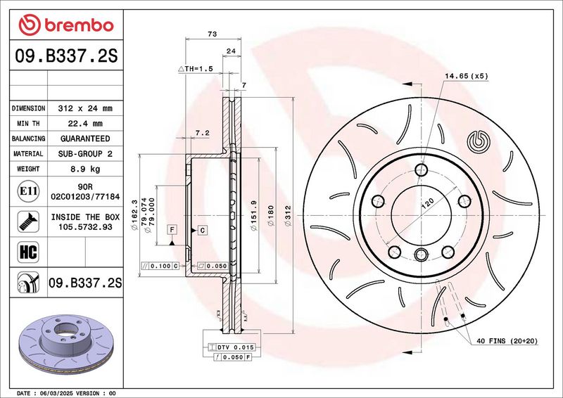 BREMBO 09.B337.2S Brake Disc