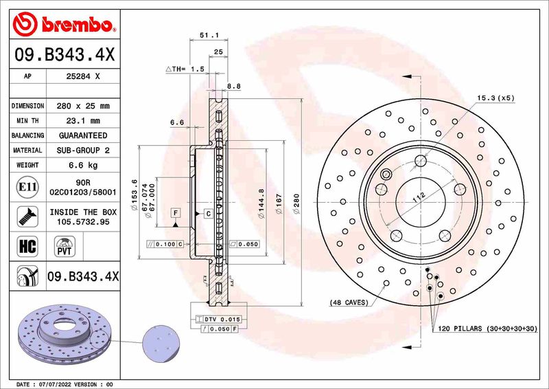 BREMBO 09.B343.4X Brake Disc