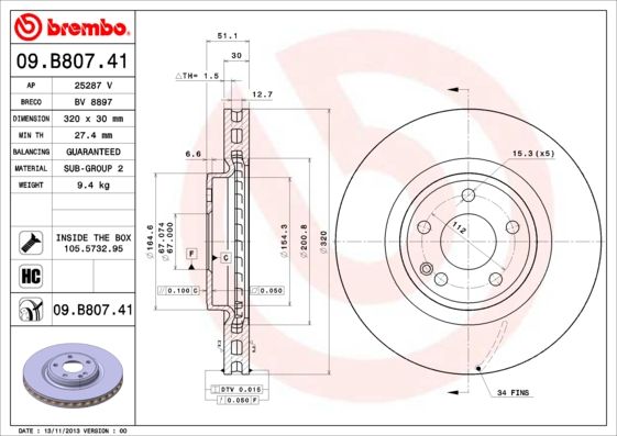 BREMBO 09.B807.41 Brake Disc
