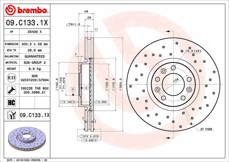 BREMBO 09.C133.1X Brake Disc