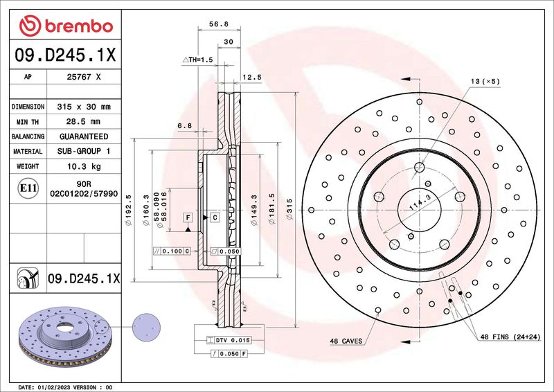 BREMBO 09.D245.1X Brake Disc