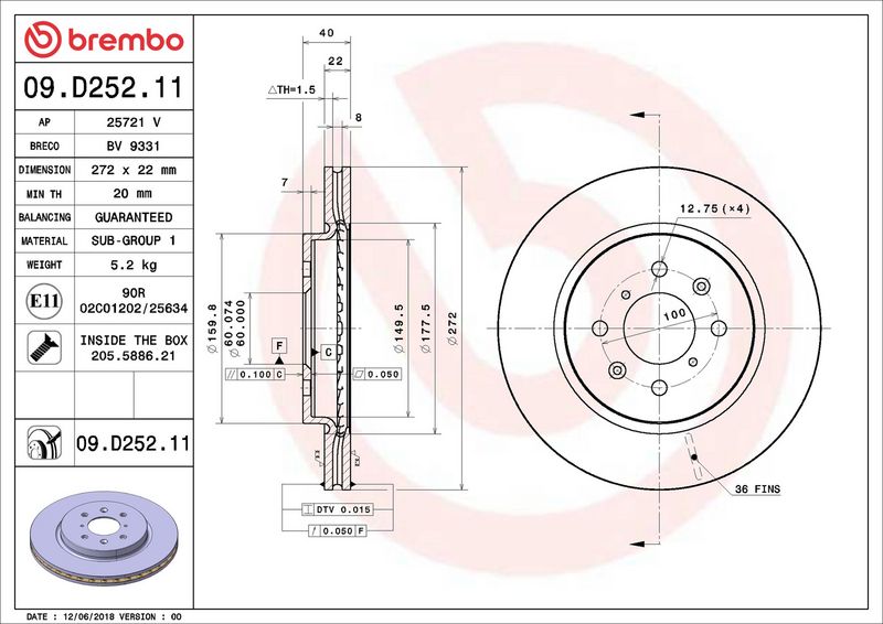 BREMBO 09.D252.21 Brake Disc