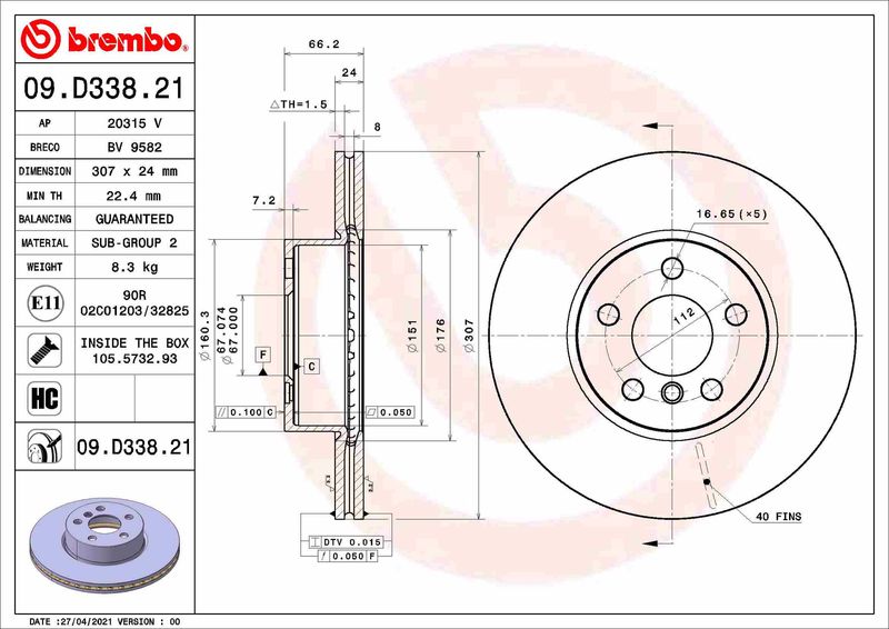 BREMBO 09.D338.21 Brake Disc
