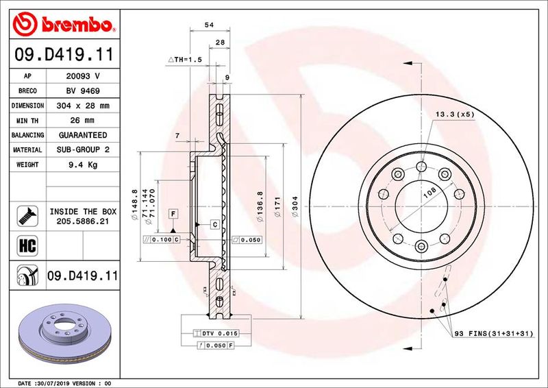 BREMBO 09.D419.11 Brake Disc