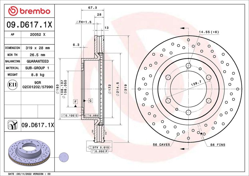 BREMBO 09.D617.1X Brake Disc