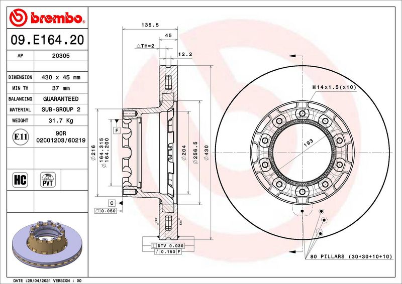 BREMBO 09.E164.20 Brake Disc