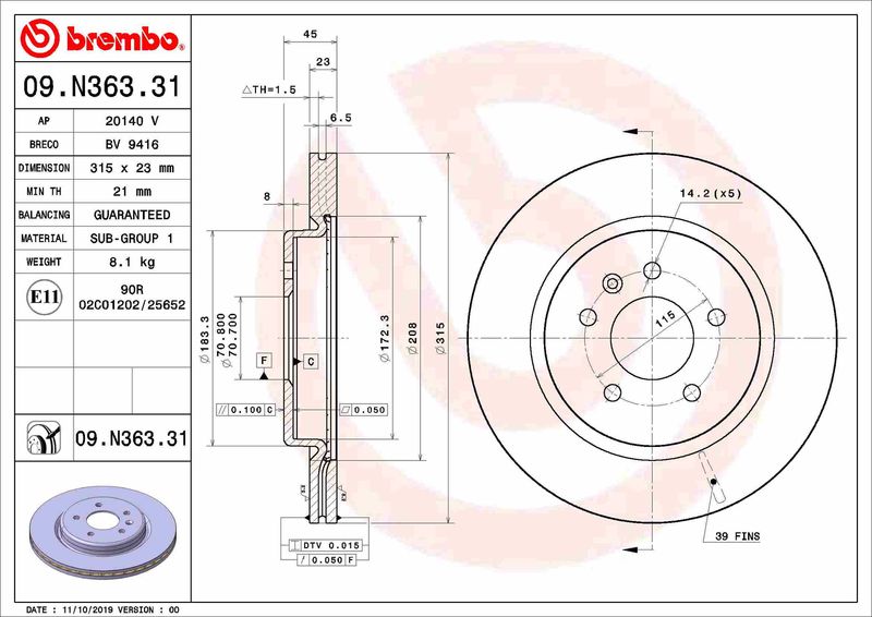 BREMBO 09.N363.31 Brake Disc